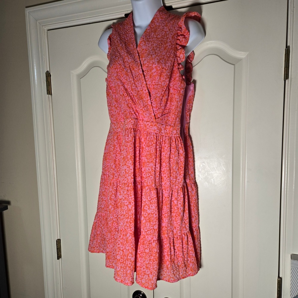 Rachel Zoe Pink Orange Floral Ruffle Tiered Mini Dress Womens Size 8  V-Neck